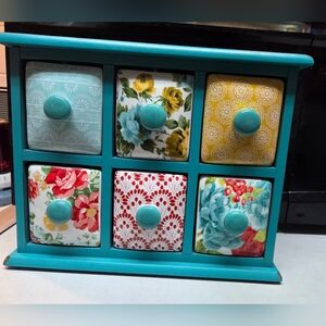 The Pioneer Woman Vintage Destressed Wood Floral 6-Drawer Spice & Tea Box